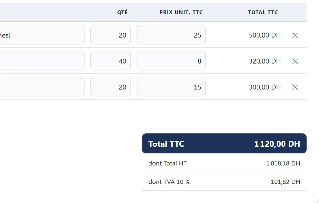 Lignes de facture et totaux : Total TTC 1 120,00 DH, dont HT et TVA 10 %.